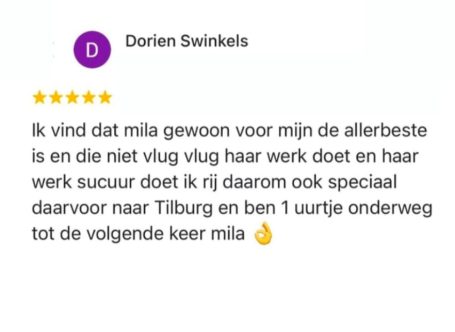 Positieve review van Dorien Swinkels over Mila's snelle en zorgvuldige service.